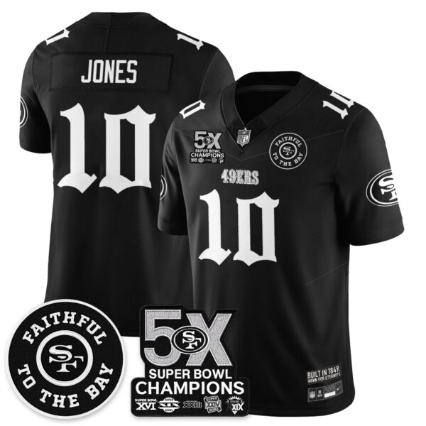 San Francisco 49ers 5-Time Champions Gothic Vapor Limited Jersey – All Stitched – Black – Mac Jones Jersey
