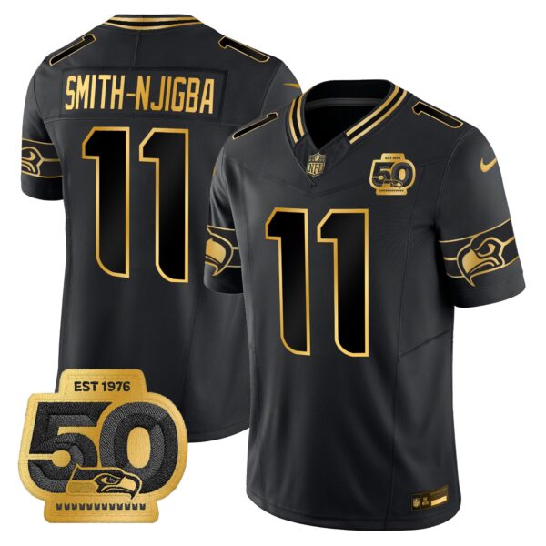Seattle Seahawks 50th Anniversary Patch Gold Vapor Limited Jersey – All Stitched – Black Gold – Smith-Njigba Jersey