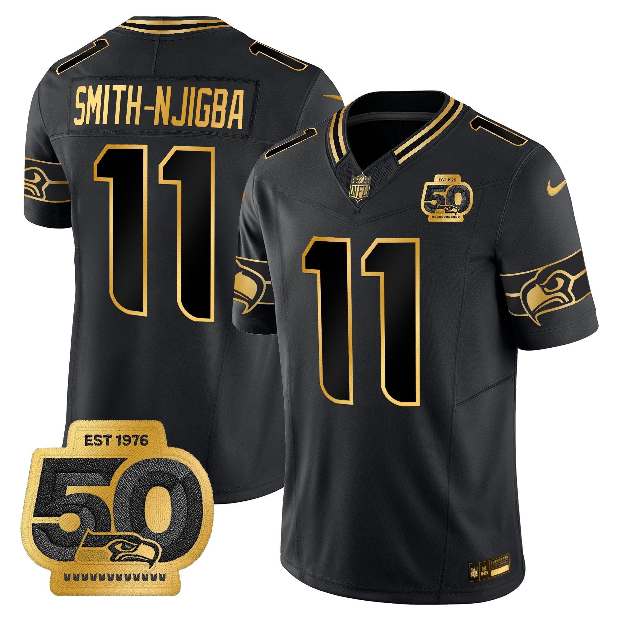 Seattle Seahawks 50th Anniversary Patch Gold Vapor Limited Jersey – All Stitched – Black Gold – Smith-Njigba Jersey