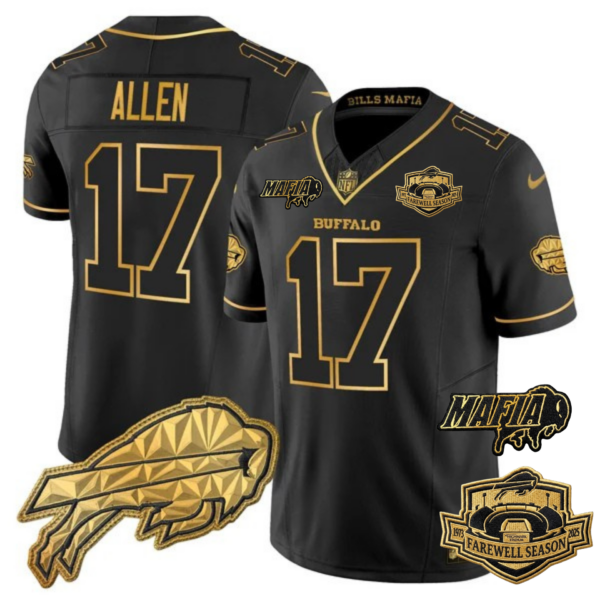 Buffalo Bills Mafia 2025 “Rivalries” Gold Vapor Limited Jersey – All Stitched – Black Gold – Josh Allen Jersey