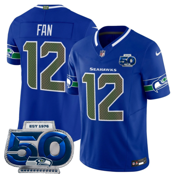 Seattle Seahawks 2025 “Rivalries” 50th Season Patch Vapor Limited Jersey – All Stitched – Royal – 12th Fan Jersey