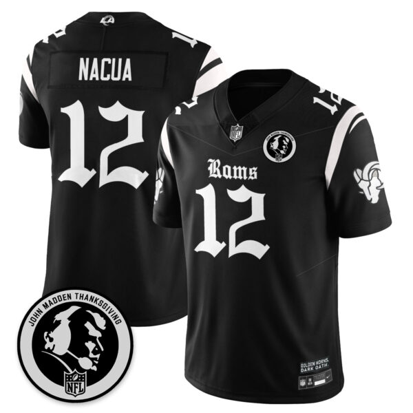 Los Angeles Rams Gothic Vapor Limited Jersey – John Madden Patch – All Stitched – Black – Puka Nacua Jersey