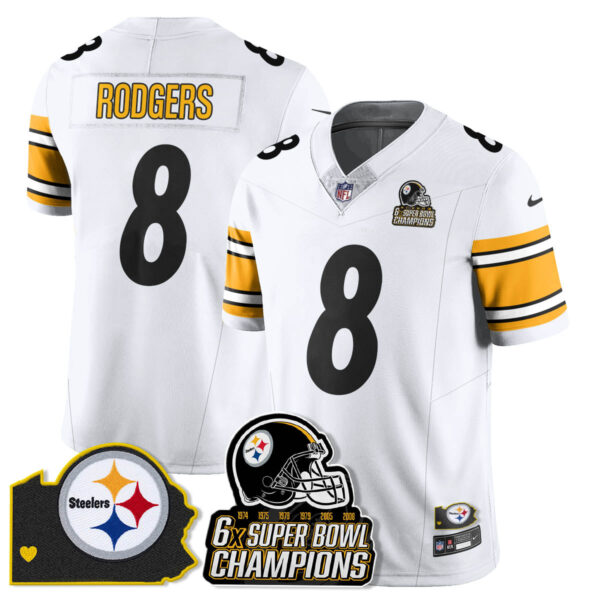 Pittsburgh Steelers 6-Time Champions Patch Vapor Limited Jersey – All Stitched – White – Aaron Rodgers Jersey
