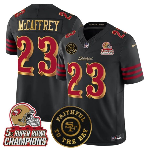 San Fransisco 49ers 2025 “Rivalries” 5x Champions & Faithful To The Bay Patch Vapor Limited Jersey – All Stitched – Black Rivalries – Christian McCaffrey Jersey