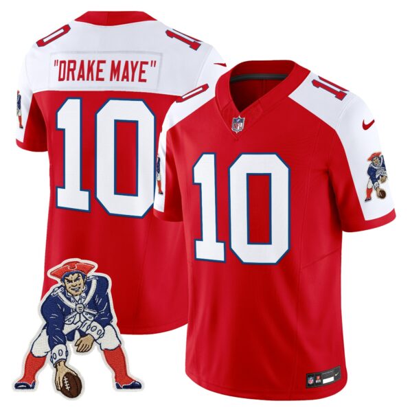 New England Patriots Throwback Vapor Limited Jersey – All Stitched – Red Alternate – “Drake Maye” Jersey