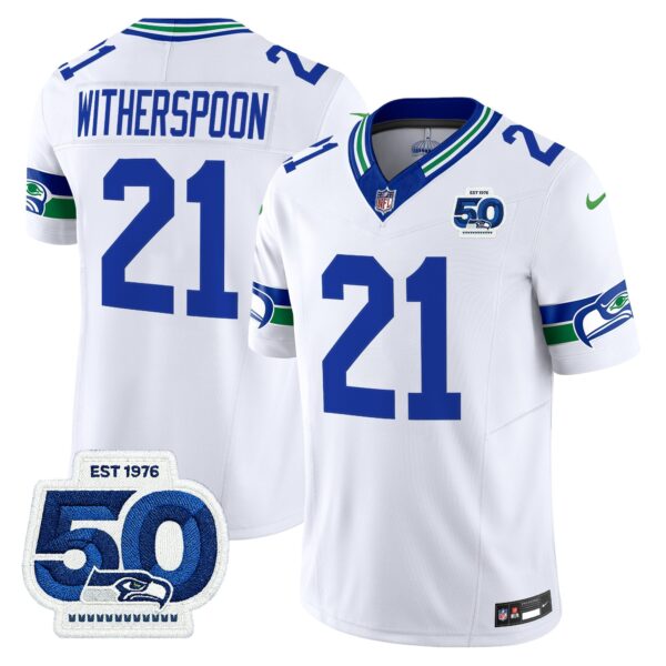 Seattle Seahawks Throwback Vapor Limited Jersey – 50th Anniversary Patch – All Stitched – White – Devon Witherspoon Jersey