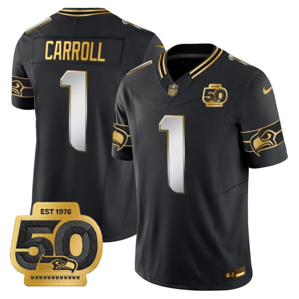 Seattle Seahawks 50th Anniversary Patch Gold Vapor Limited Jersey – All Stitched – Black Limited – Pete Carroll Jersey