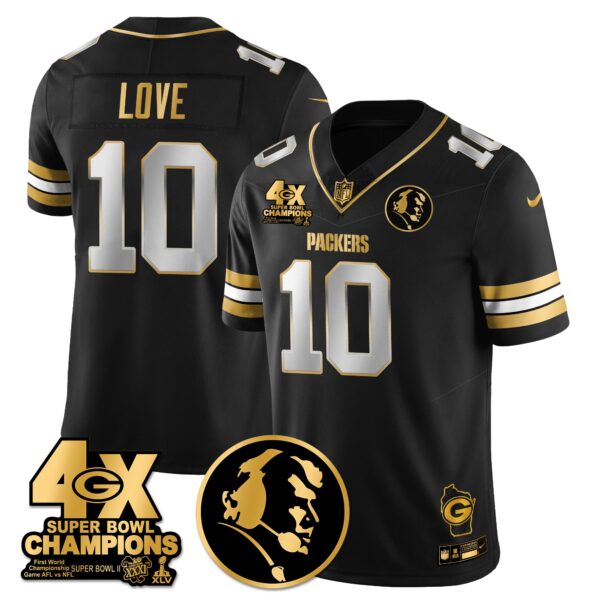 Green Bay Packers 4-Time Champions Vapor Limited Gold Jersey – John Madden Patch – All Stitched – Black Limited – Jordan Love Jersey