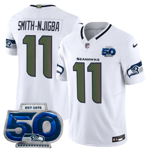 Seattle Seahawks 2025 “Rivalries” 50th Season Patch Vapor Limited Jersey – All Stitched – White – Smith-Njigba Jersey