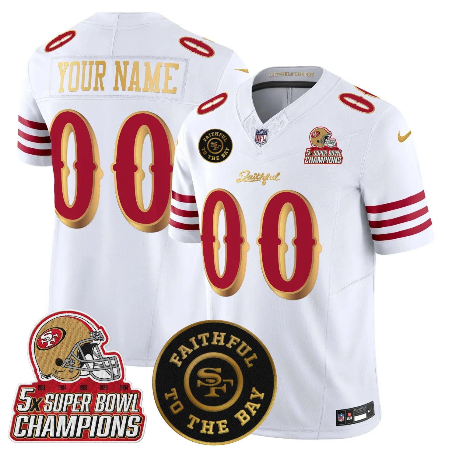 San Fransisco 49ers 2025 “Rivalries” 5x Champions & Faithful To The Bay Patch Vapor Limited Custom Jersey – All Stitched – White Gold Jersey