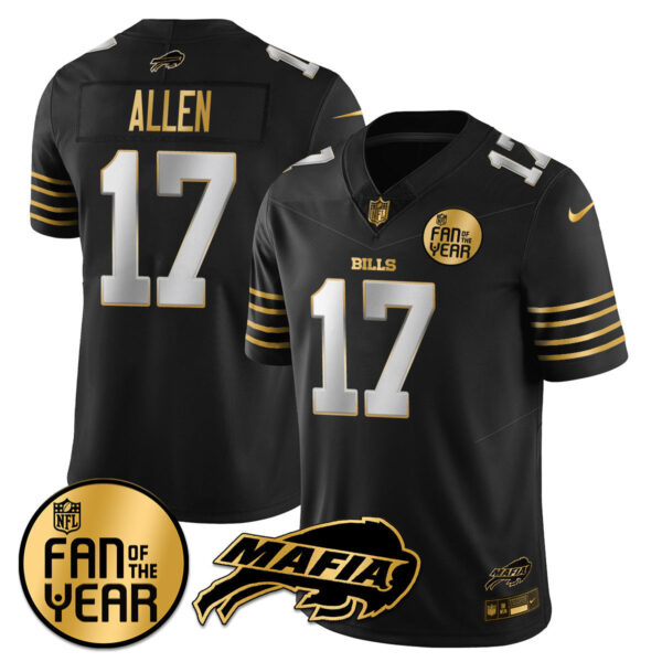 Buffalo Bills Fan Of The Year Jersey – All Stitched – Black Gold – Josh Allen – 17 Jersey