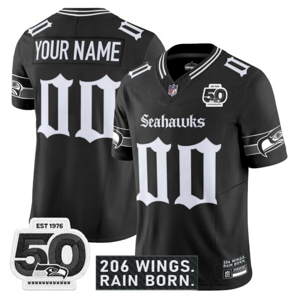 Custom Seattle Seahawks ‘Gothic Rain City Shadows Edition’ Vapor Jersey – 50th Anniversary Patch – All Stitched – Black Jersey
