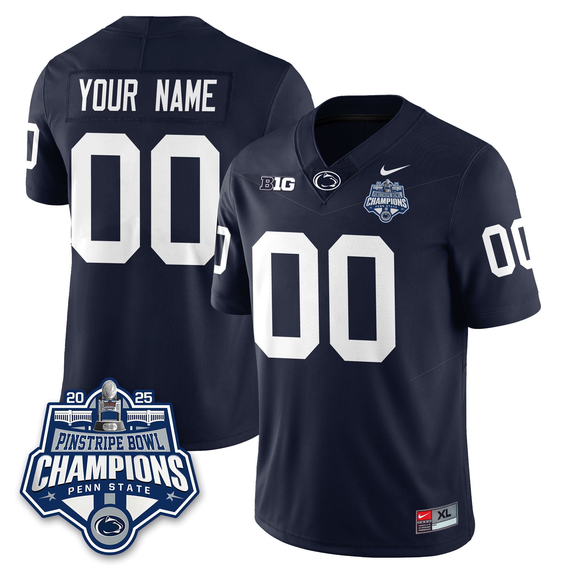 Penn State Nittany Lions Football 2025 Pinstripe Bowl Champions Custom Jersey – All Stitched – Navy Jersey