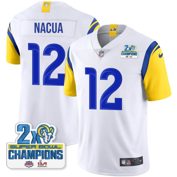 Los Angeles Rams 2-Time Champions Patch Vapor Limited Jersey – All Stitched – White – Puka Nacua Jersey