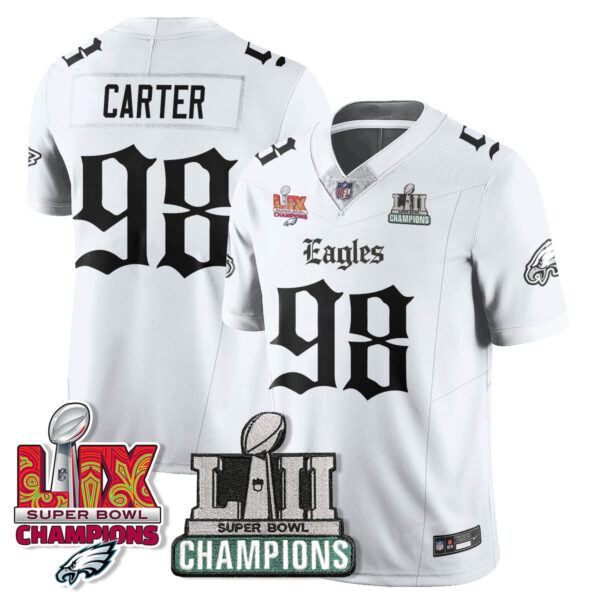 Philadelphia Eagles ‘Gothic Philly’ LII-LIX Super Bowl Champions Vapor Limited Jersey – All Stitched – White – Jalen Carter Jersey