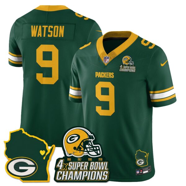 Green Bay Packers 4-Time Champions Patch Vapor Limited Jersey – All Stitched – Green – Christian Watson Jersey