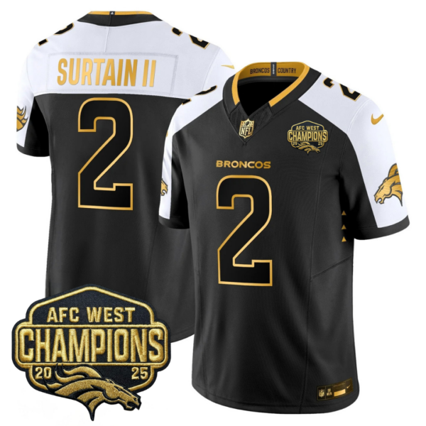 Denver Broncos AFC West Champions Patch Gold Vapor Limited Jersey – All Stitched – Alternate – Patrick Surtain II Jersey