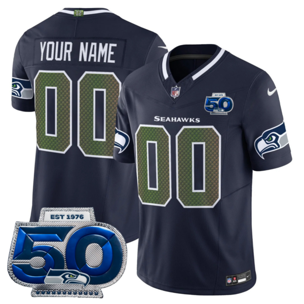 Custom Seattle Seahawks 2025 “Rivalries” 50th Season Patch Vapor Limited Jersey – All Stitched – College Navy Jersey