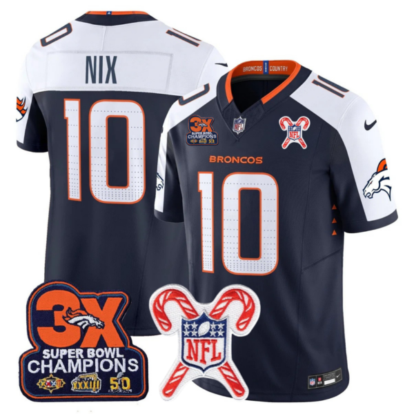 Denver Broncos 3-Time Champions & Christmas Patch Vapor Limited Jersey – All Stitched – Navy Alternate – Bo Nix Jersey