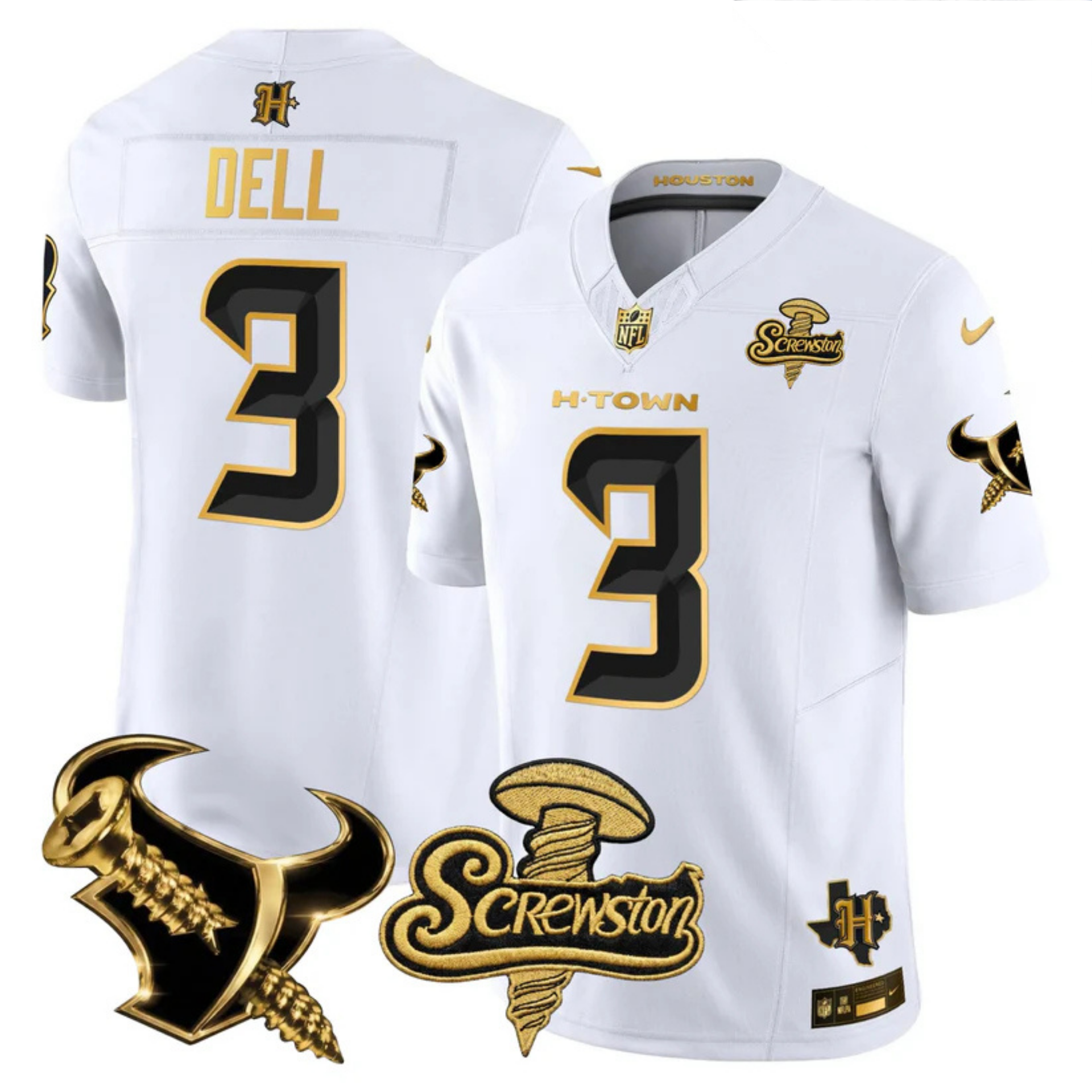 Houston Texans 2026 DJ Screw Vapor Limited Gold Edition Jersey – All Stitched – White Gold – Tank Dell Jersey