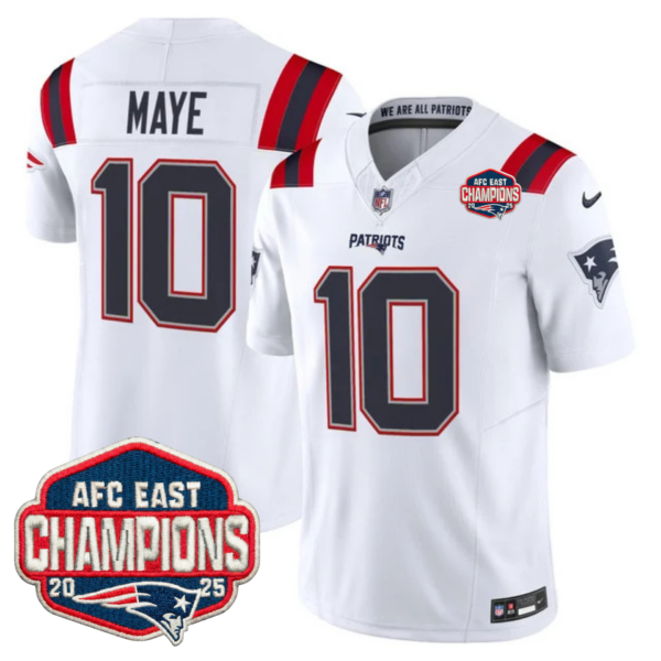 New England Patriots AFC East Champions Patch Vapor Limited Jersey – All Stitched – White – Drake Maye Jersey