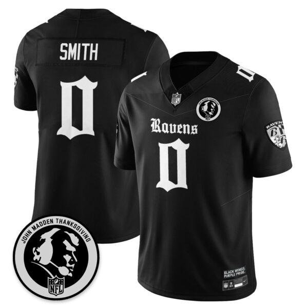 Baltimore Ravens Gothic Vapor Limited Jersey – John Madden Patch – All Stitched – Black – Roquan Smith Jersey