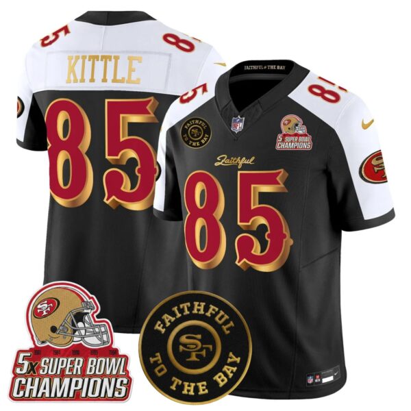 San Fransisco 49ers 2025 “Rivalries” 5x Champions & Faithful To The Bay Patch Vapor Limited Jersey – All Stitched – Black Alternate – George Kittle Jersey