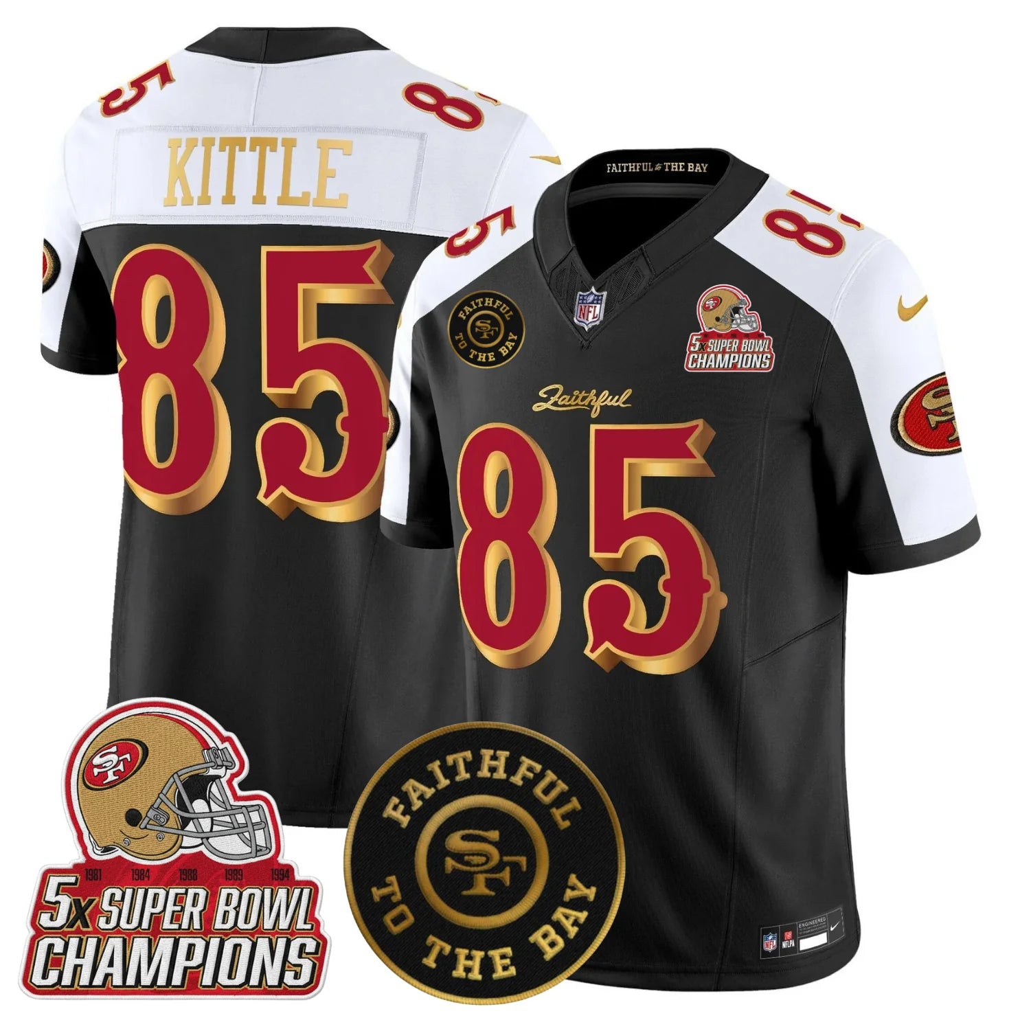 San Fransisco 49ers 2025 “Rivalries” 5x Champions & Faithful To The Bay Patch Vapor Limited Jersey – All Stitched – Black Alternate – George Kittle Jersey