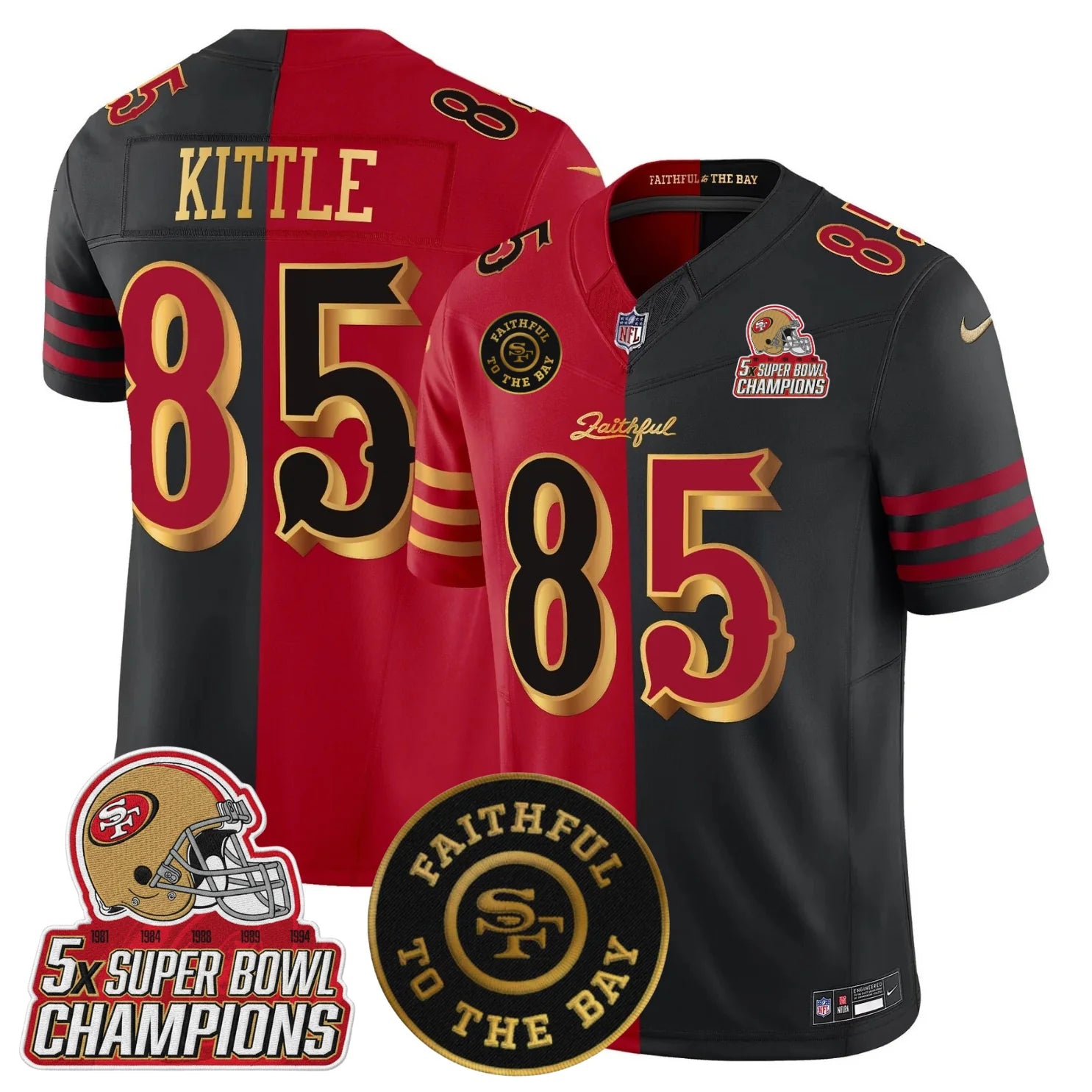 San Fransisco 49ers 2025 “Rivalries” 5x Champions & Faithful To The Bay Patch Vapor Limited Jersey – All Stitched – Split – George Kittle Jersey