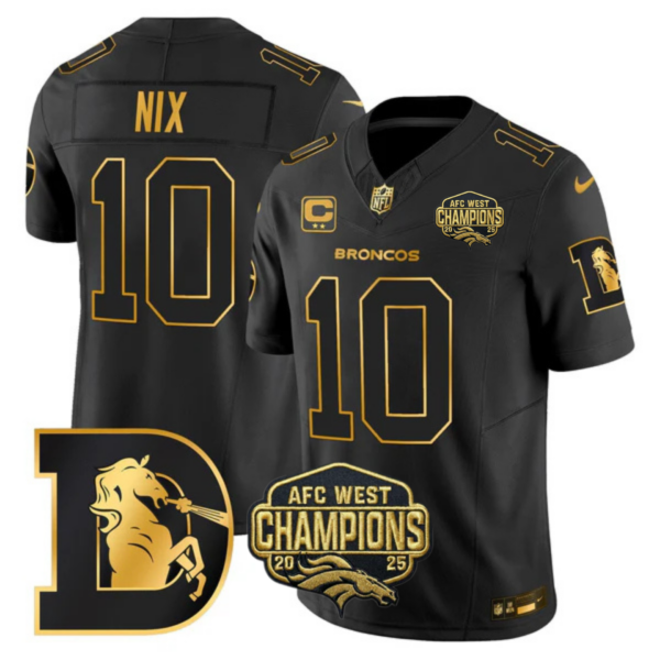 Denver Broncos AFC West Champions Throwback Gold Vapor Limited Jersey – All Stitched – Black Gold – Bo Nix Jersey