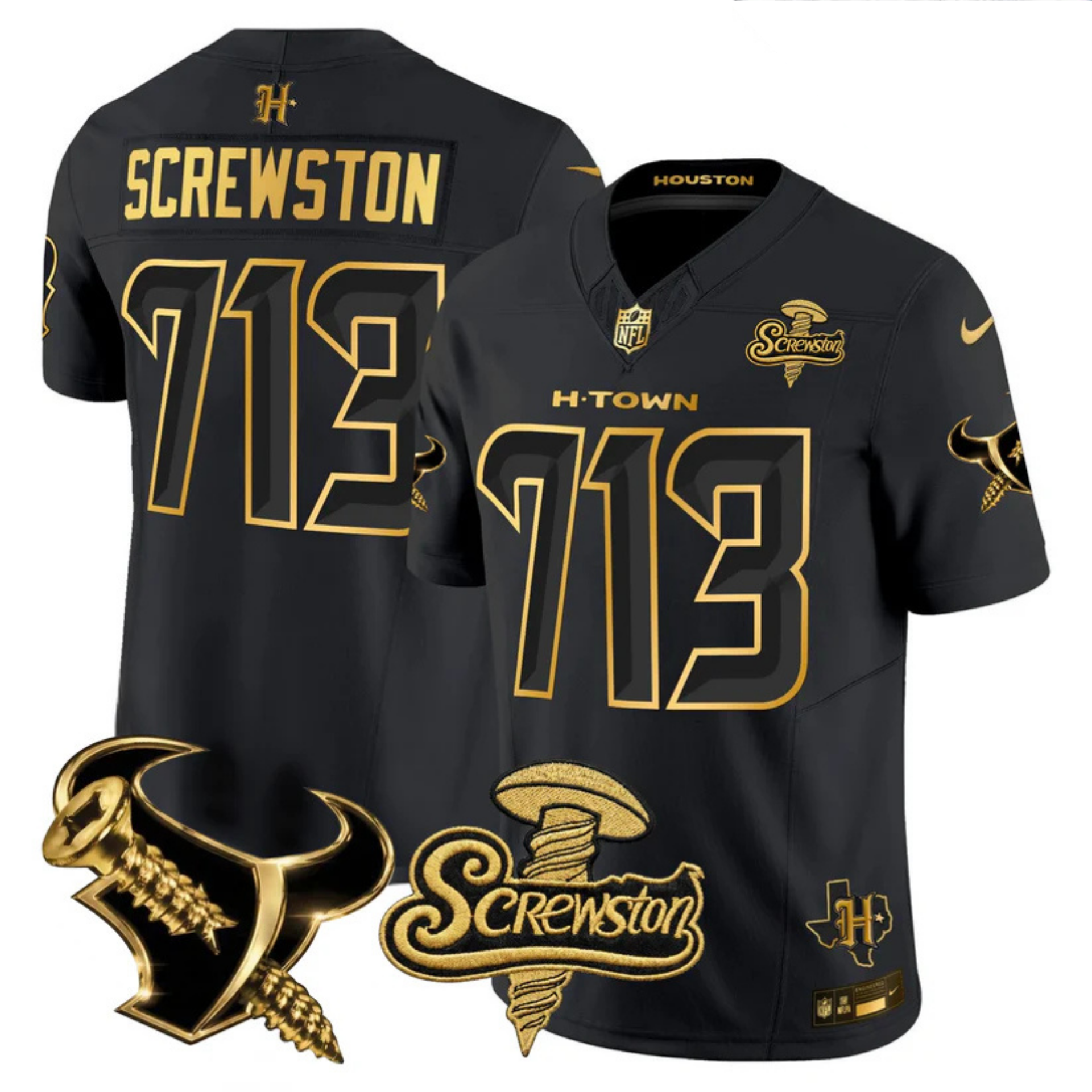 Houston Texans 2026 DJ Screw Vapor Limited Gold Edition Jersey – All Stitched – Black Gold – Screwston Jersey