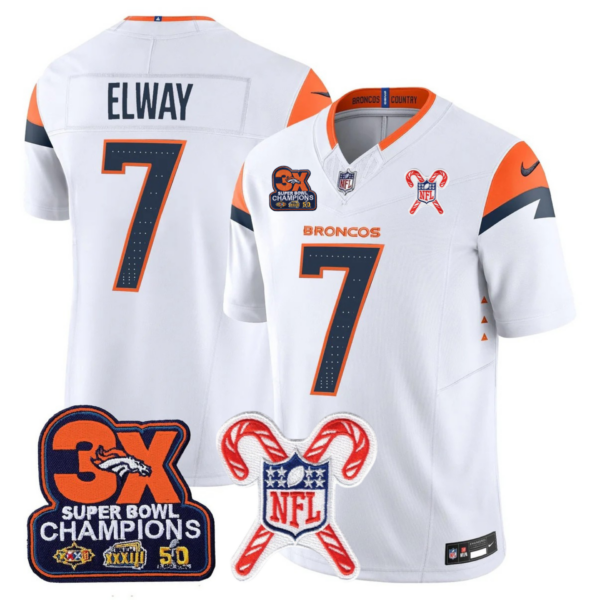 Denver Broncos 3-Time Champions & Christmas Patch Vapor Limited Jersey – All Stitched – White – John Elway Jersey