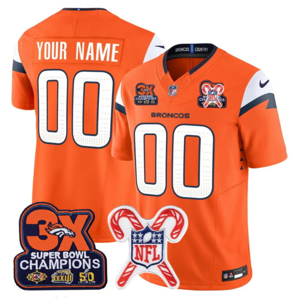 Denver Broncos 3-Time Champions & Christmas Patch Vapor Limited Custom Jersey – All Stitched – Orange Jersey