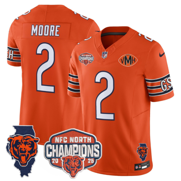 Chicago Bears 2025 NFC North Champions Patch Jersey V2 – All Stitched – Orange – DJ Moore Jersey