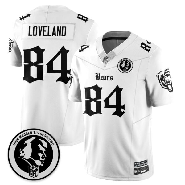 Chicago Bears Gothic Vapor Limited Jersey – John Madden Patch – All Stitched – White – Colston Loveland Jersey