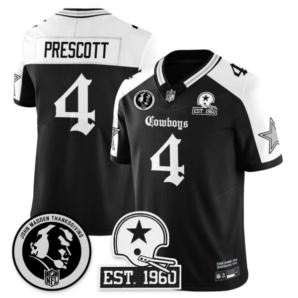 Dallas Cowboys Gothic Vapor Limited Jersey – John Madden Patch – All Stitched – Alternate – Dak Prescott Jersey