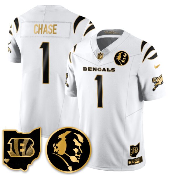Cincinnati Bengals Vapor Limited Gold Jersey – John Madden Patch – All Stitched – White Gold – Ja’Marr Chase Jersey