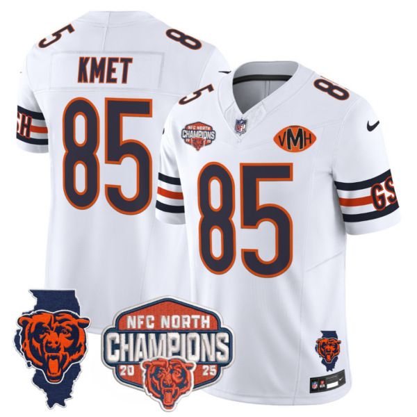 Chicago Bears 2025 NFC North Champions Patch Jersey V2 – All Stitched – White – Cole Kmet Jersey
