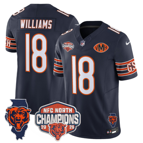 Chicago Bears 2025 NFC North Champions Patch Jersey V2 – All Stitched – Navy – Caleb Williams Jersey