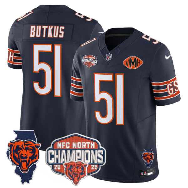 Chicago Bears 2025 NFC North Champions Patch Jersey V2 – All Stitched – Navy – Dick Butkus Jersey