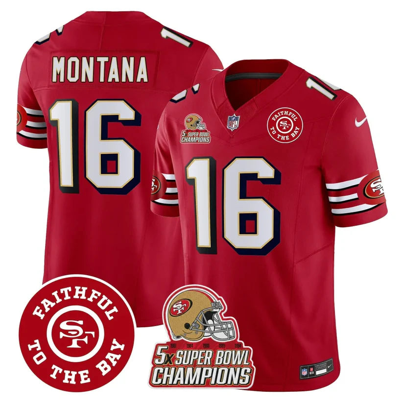 49ers Throwback 5x Champs & Faithful To The Bay Patch Vapor Limited Jersey – All Stitched – Red – Montana Jersey