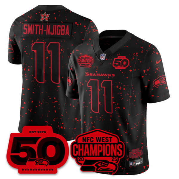 Seattle Seahawks Stranger Things NFC West Division Champions Vapor Limited Jersey – All Stitched – Black Limited – Smith-Njigba Jersey