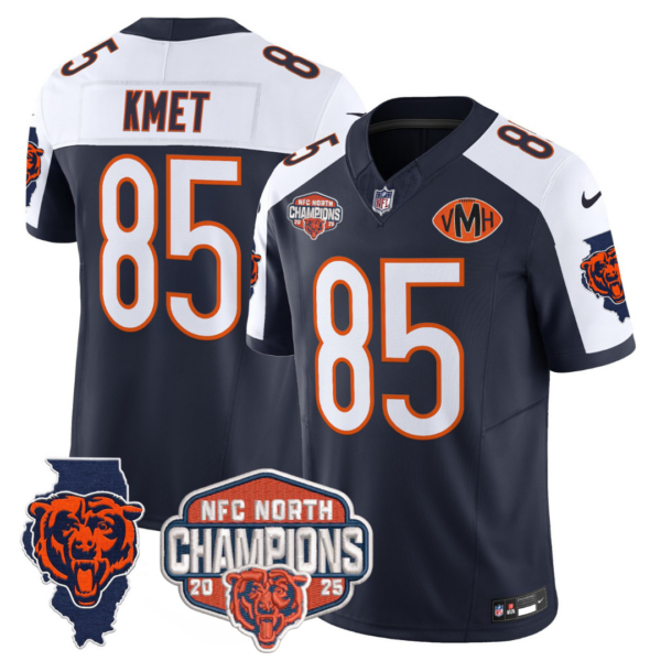 Chicago Bears 2025 NFC North Champions Patch Jersey V2 – All Stitched – Navy Alternate – Cole Kmet Jersey