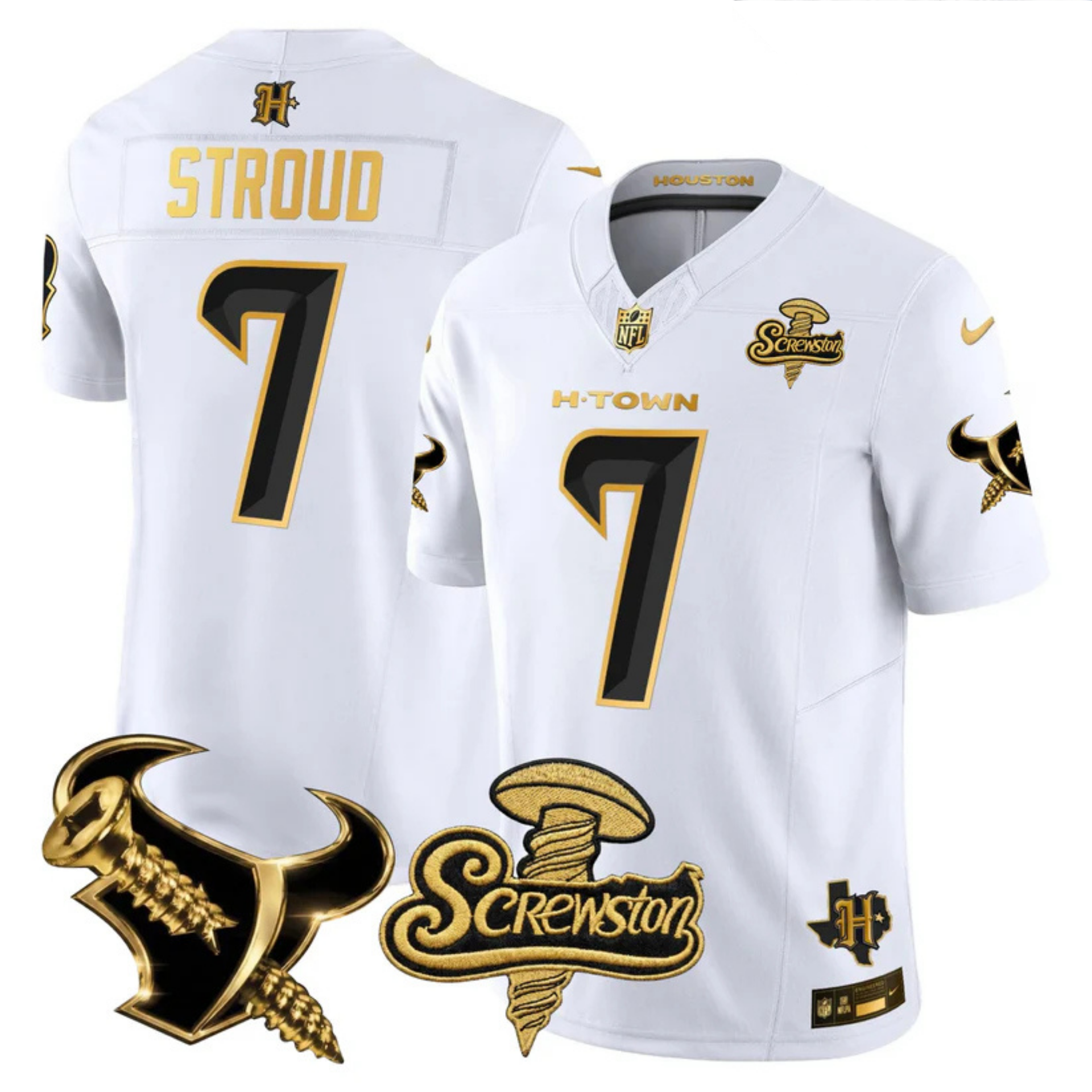 Houston Texans 2026 DJ Screw Vapor Limited Gold Edition Jersey – All Stitched – White Gold – C.J. Stroud Jersey