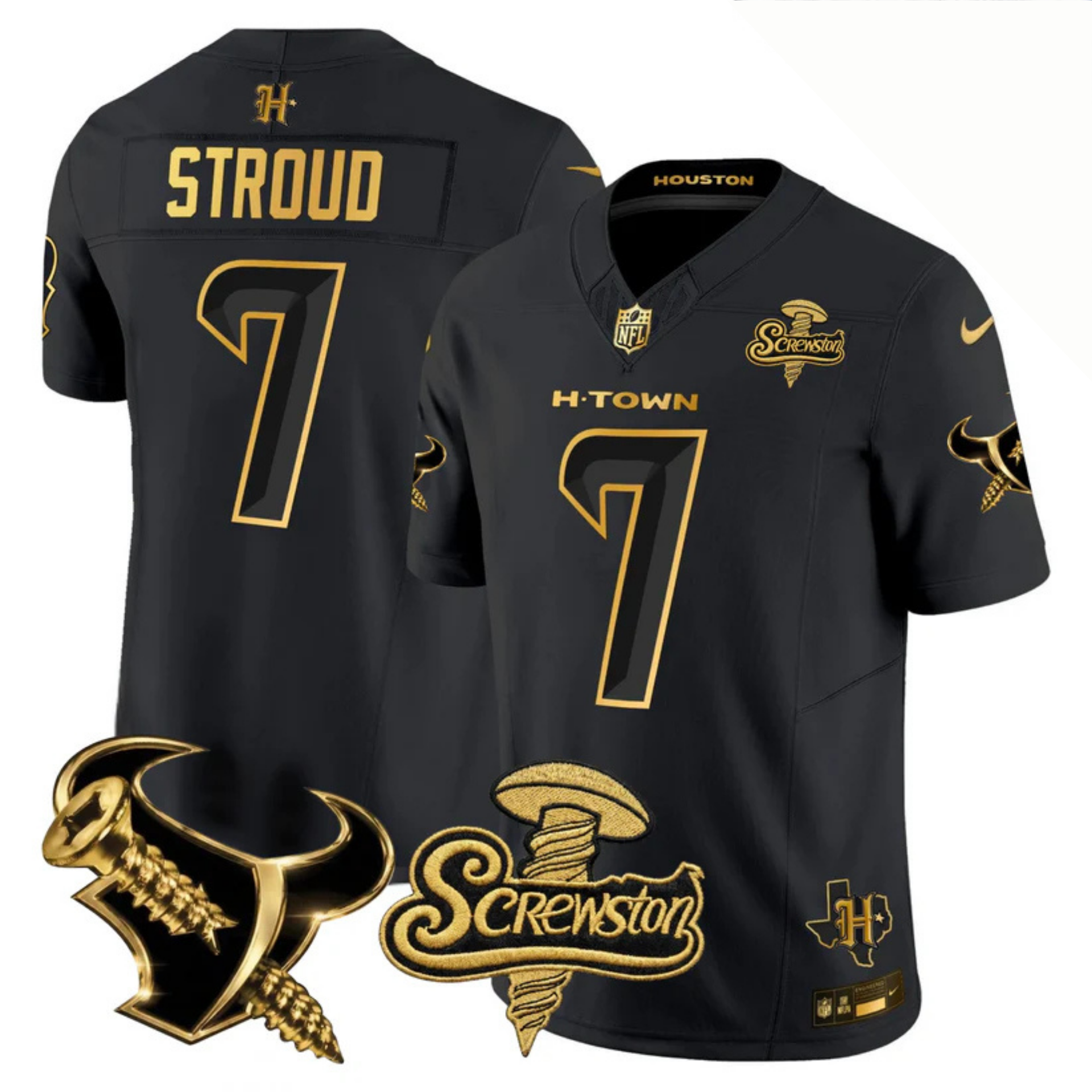 Houston Texans 2026 DJ Screw Vapor Limited Gold Edition Jersey – All Stitched – Black Gold – C.J. Stroud Jersey