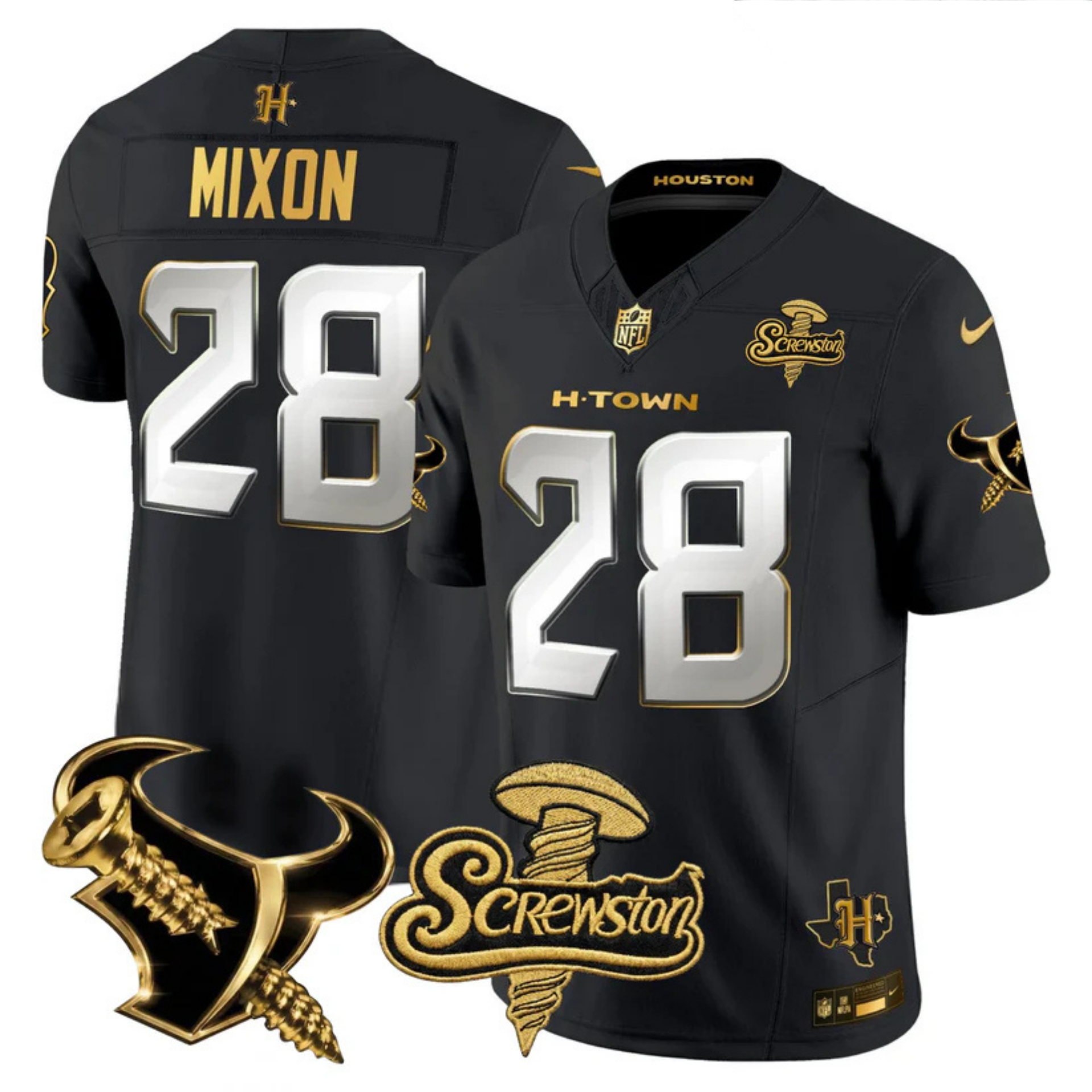 Houston Texans 2026 DJ Screw Vapor Limited Gold Edition Jersey – All Stitched – Black Limited – Joe Mixon Jersey
