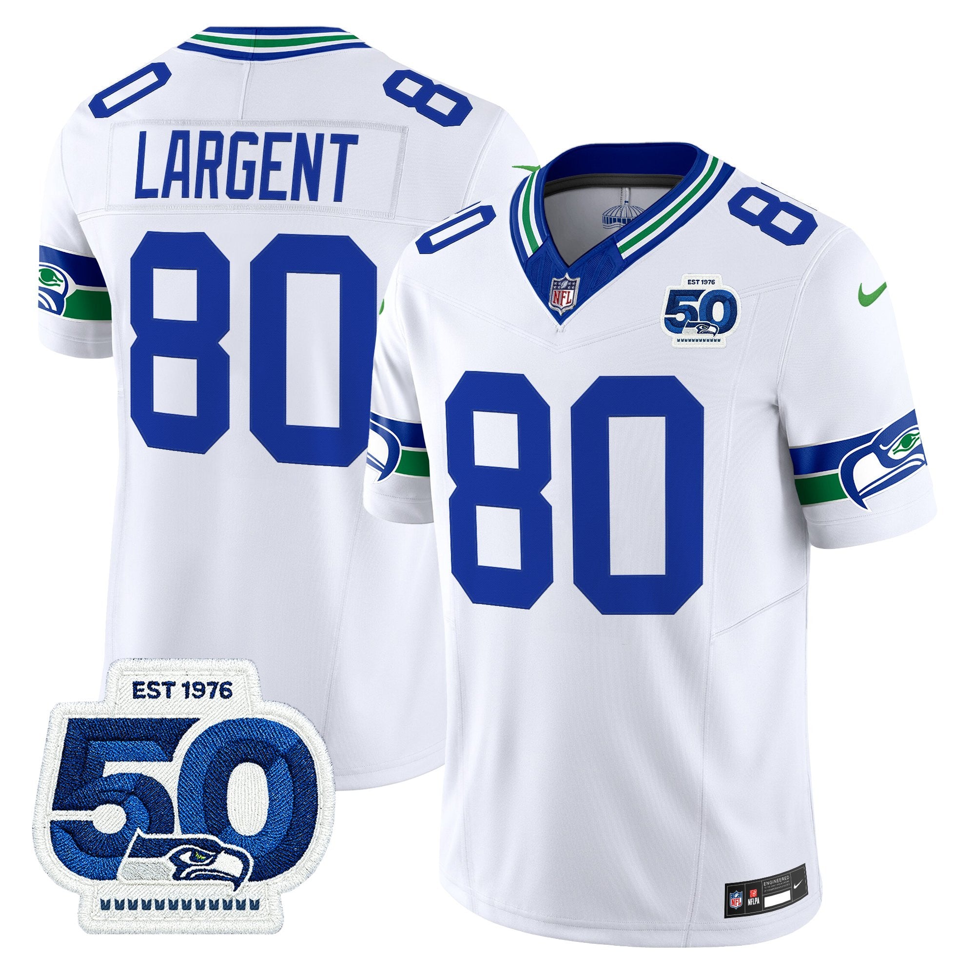 Seattle Seahawks Throwback Vapor Limited Jersey – 50th Anniversary Patch – All Stitched – White – Steve Largent Jersey