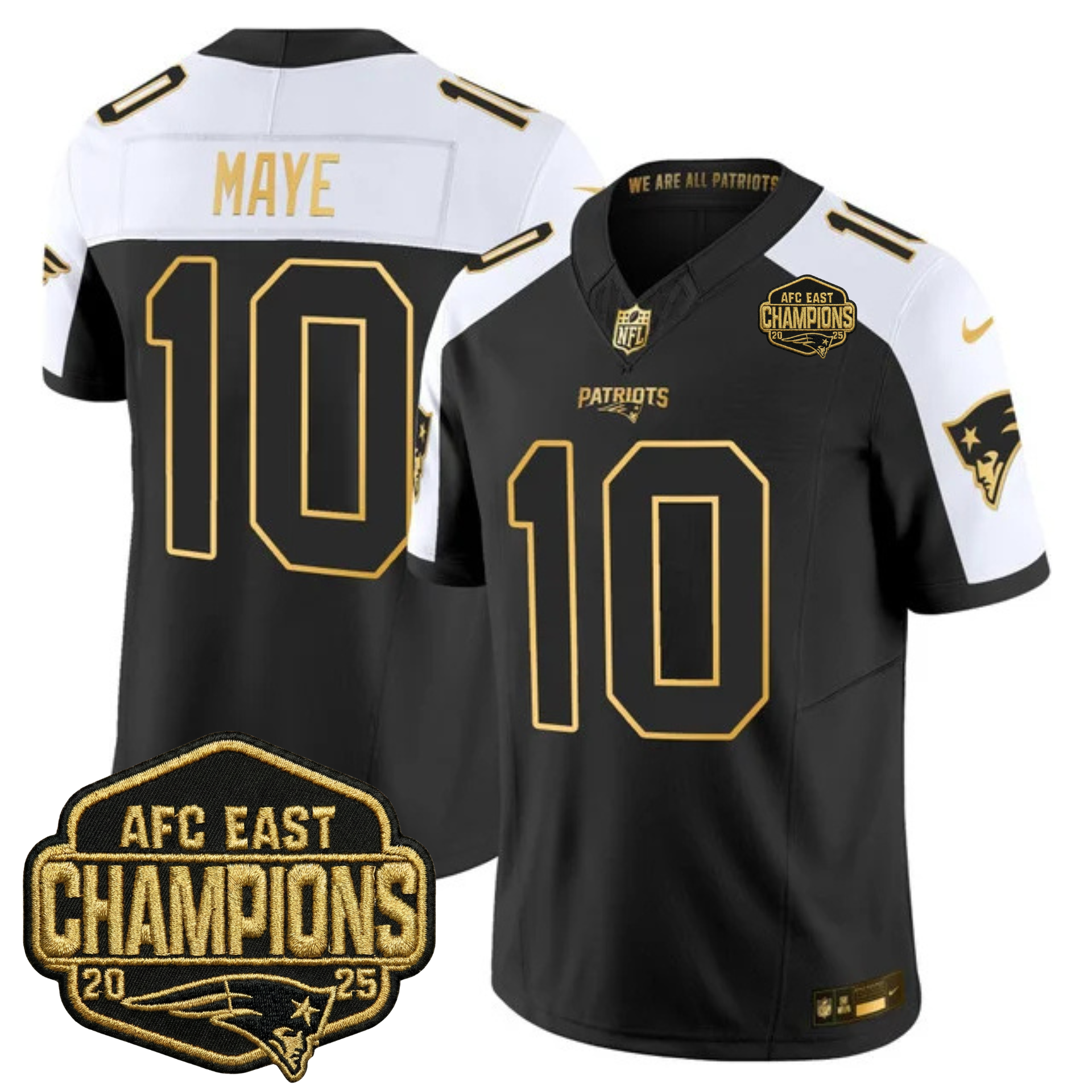 New England Patriots 2025 AFC East Champions Gold Vapor Limited Jersey – All Stitched – Alternate – Drake Maye Jersey