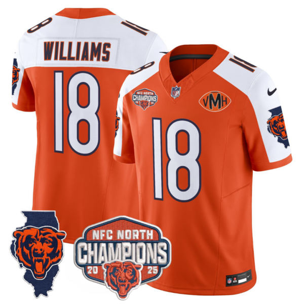 Chicago Bears 2025 NFC North Champions Patch Jersey V2 – All Stitched – Orange Alternate – Caleb Williams Jersey