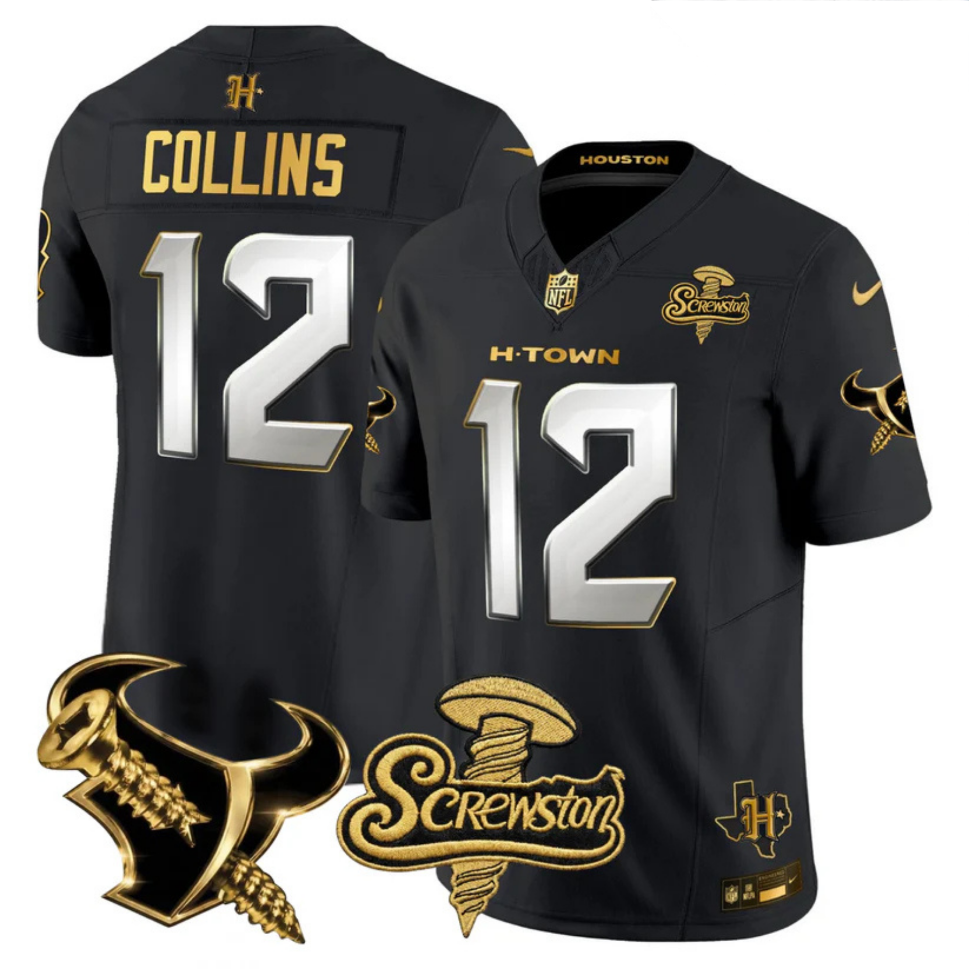 Houston Texans 2026 DJ Screw Vapor Limited Gold Edition Jersey – All Stitched – Black Limited – Nico Collins Jersey